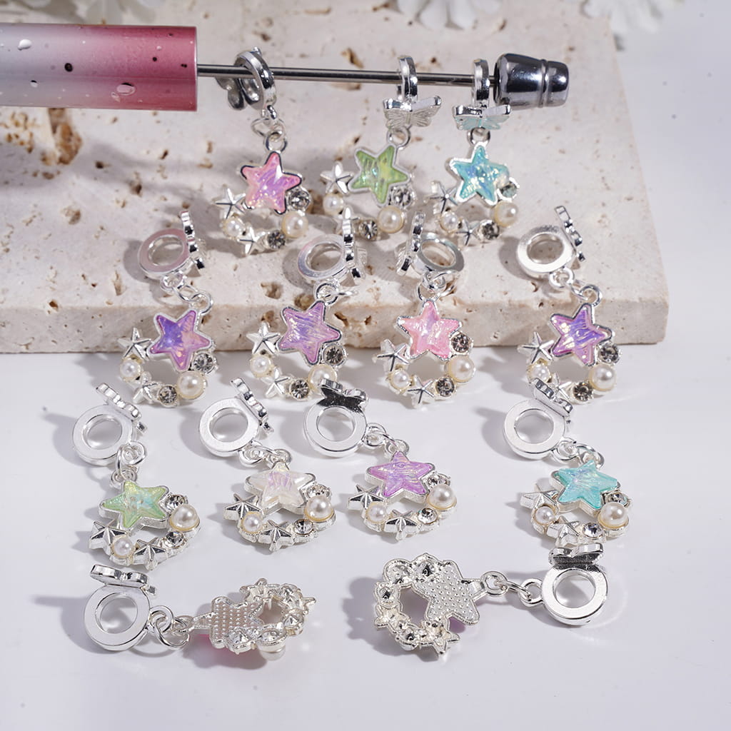 Silver Alloy Bail Beads with Butterfly, Charm Pendant Star Rhinestone Surround by Clear Rhinestones White Pearls Star, Random Mix