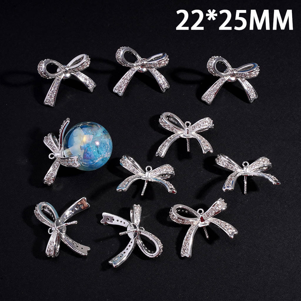 DIY Silver Alloy Pendant Bowknot with Clear Rhinestones, Empty Support Needle for Jewelry Accessories, 22*25MM