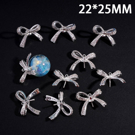 DIY Silver Alloy Pendant Bowknot with Clear Rhinestones, Empty Support Needle for Jewelry Accessories, 22*25MM