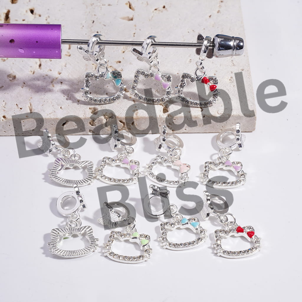Silver Alloy Bail Beads with Butterfly, Charm Pendant Cute Cat Character Head Frame with Clear Rhinestones & Bowtie, Random Mix