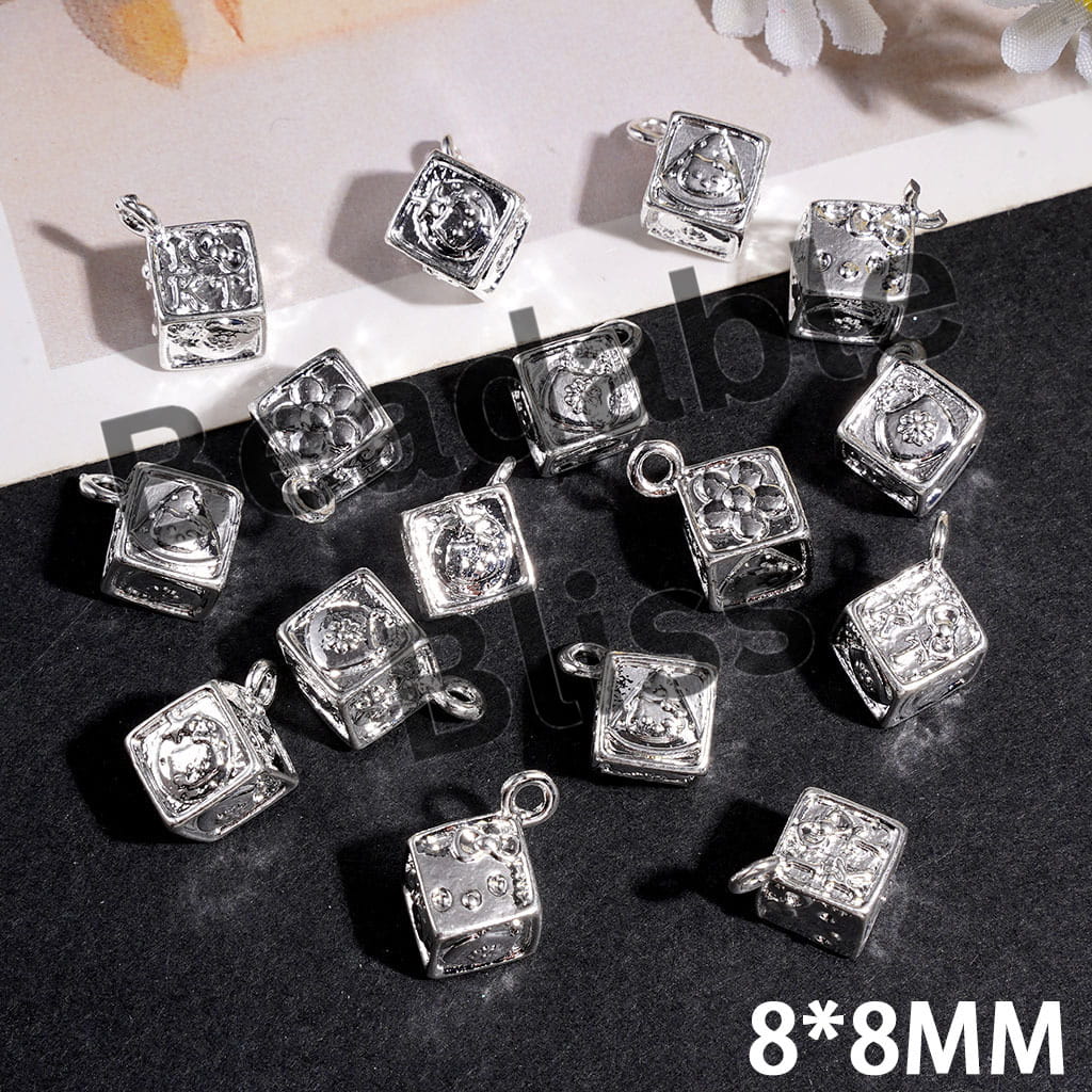 Silver Alloy Charm Pendants Cube Square with Flower Handbag Cute Cat Character Patterns, 8*8MM, Jewelry Accessories