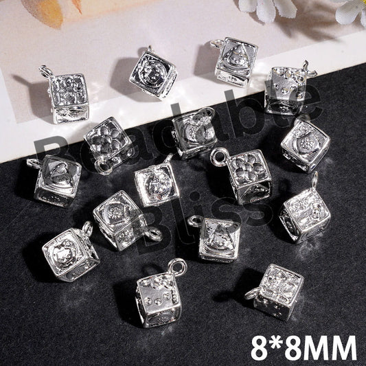 Silver Alloy Charm Pendants Cube Square with Flower Handbag Cute Cat Character Patterns, 8*8MM, Jewelry Accessories