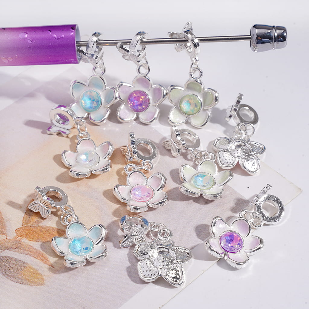 Silver Alloy Bail Beads with Butterfly, Charm Pendant Curving Flower w Rhinestones in Various Color, Random Mix