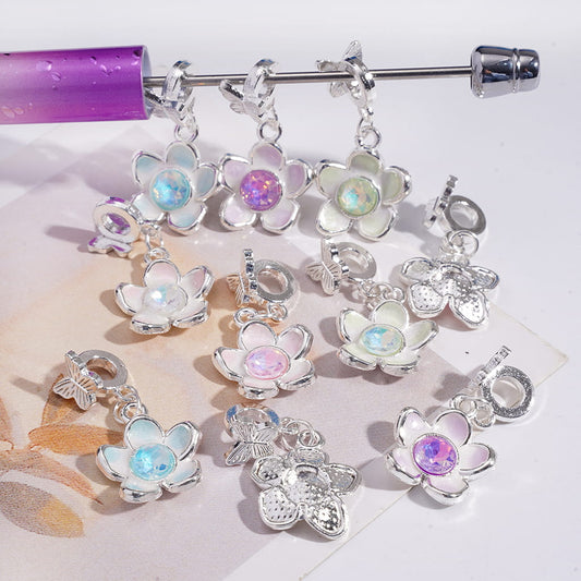 Silver Alloy Bail Beads with Butterfly, Charm Pendant Curving Flower w Rhinestones in Various Color, Random Mix