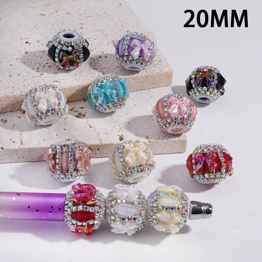 Acrylic Beads w UV Coating Bowtie, Pumpkin AB Rhinestone & White Pearl Chains, 20MM, Multi-Color