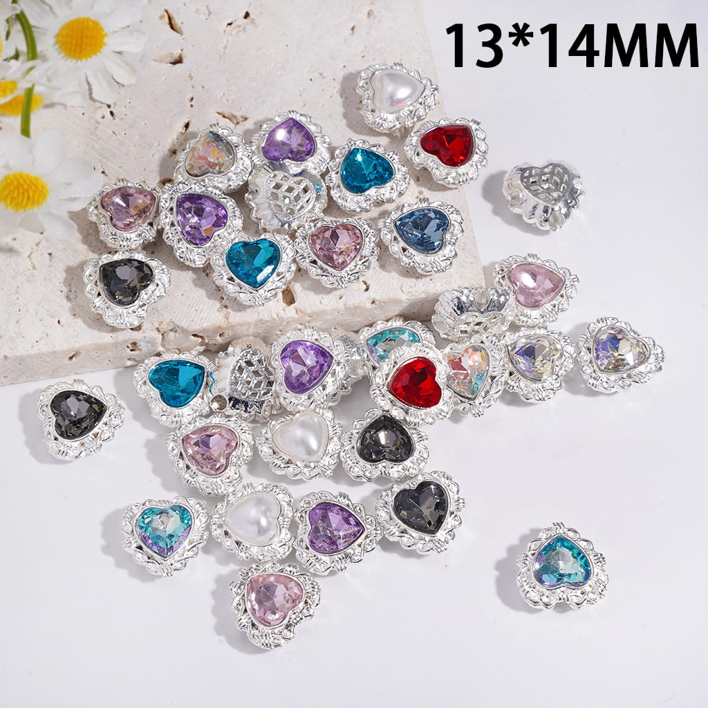 Alloy Heart Beads with Heart Shaped Rhinestone and White Pearl, Hollowed Web Texture on Back, 13*14MM, Random Mix (It's a little hard to stick into the pen pole)