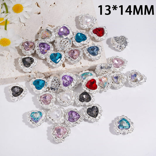 Alloy Heart Beads with Heart Shaped Rhinestone and White Pearl, Hollowed Web Texture on Back, 13*14MM, Random Mix (It's a little hard to stick into the pen pole)