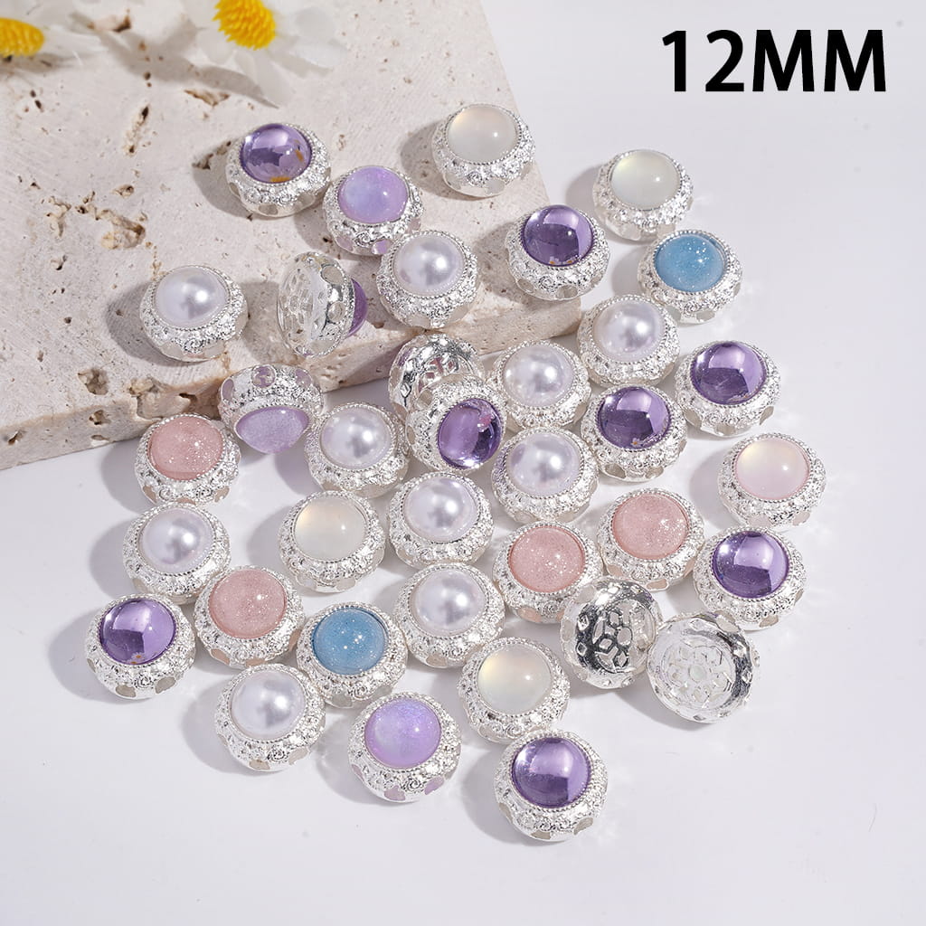 Silver Color Metal Beads w Half Round Rhinestone and White Pearl, Hollowed Flower on Back, 12MM, Random Mix (It's a little hard to stick into the pen pole)