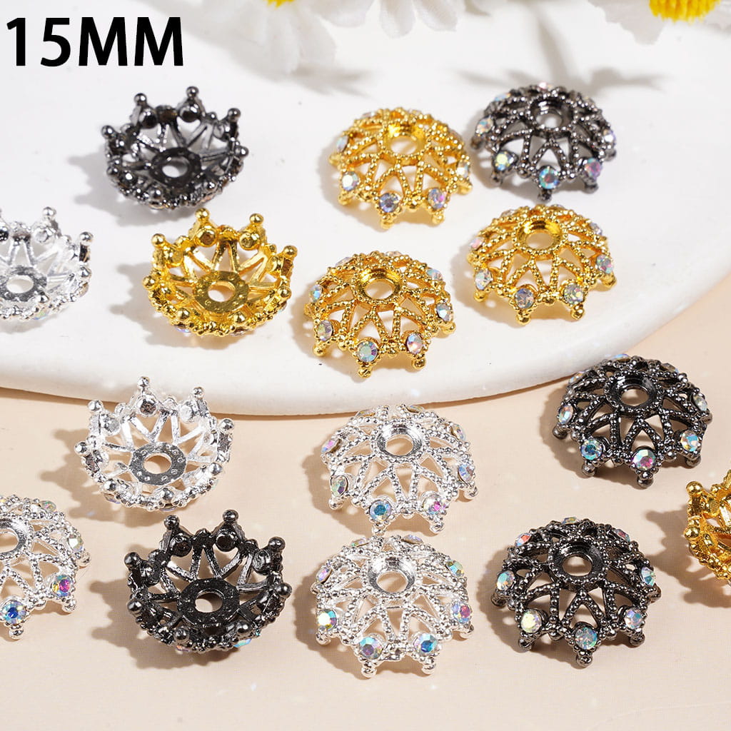 Alloy Bead Cages Crown with AB Rhinestone, Bead Cap, 15MM Multi-Color Random Mix (They Fit 16MM Beads)
