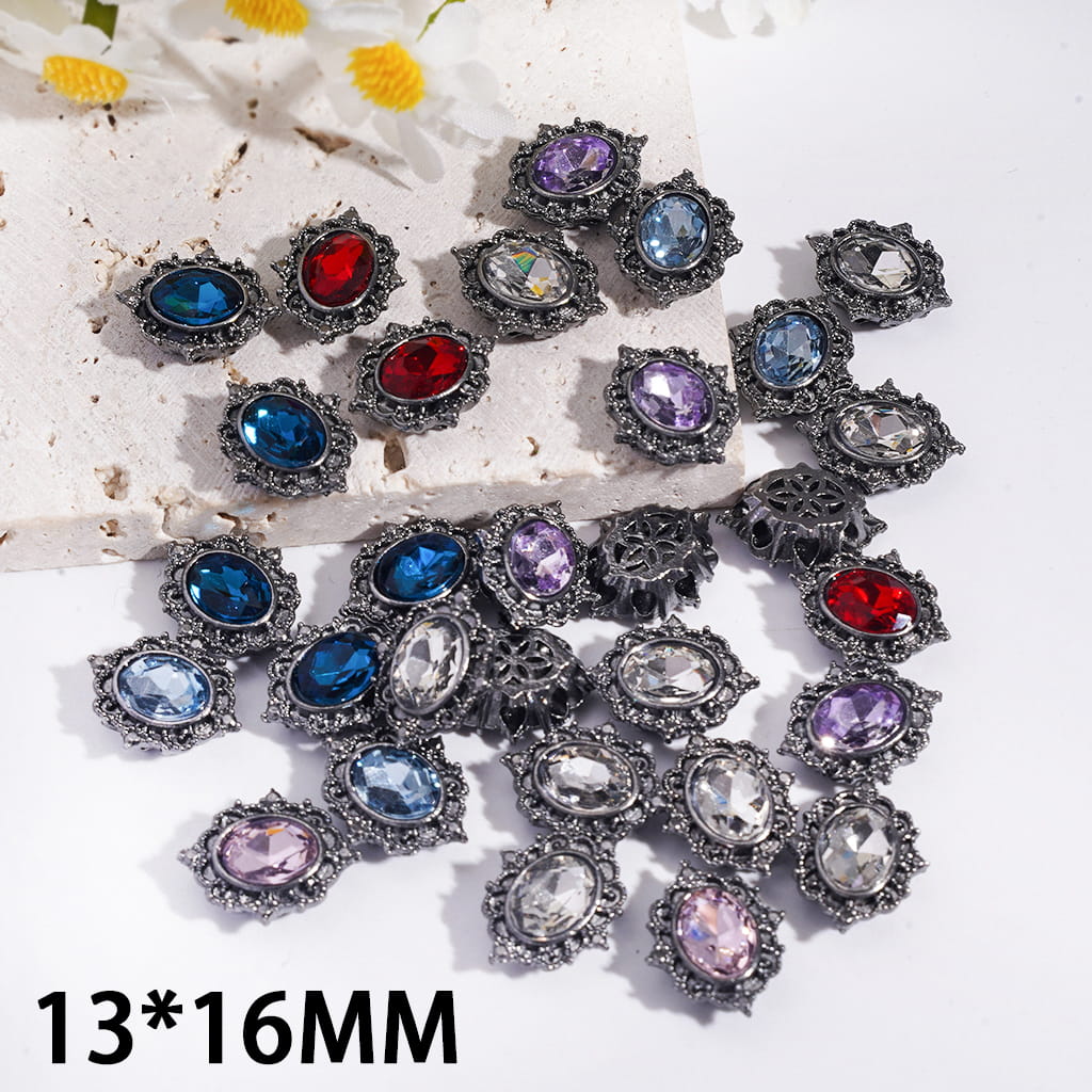 Alloy Mirror Beads w Shiny Oval Rhinestone, Hollowed Flower on Back, 13*16MM, Gun Black, Random Mix (Can't Used for Pen)