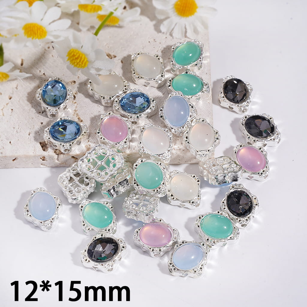 Silver Color Metal Rhomb Beads w Oval Rhinestone, Hollowed Scroll Texture on Back, 12*15MM, Random Mix (Can't Used for Pen)