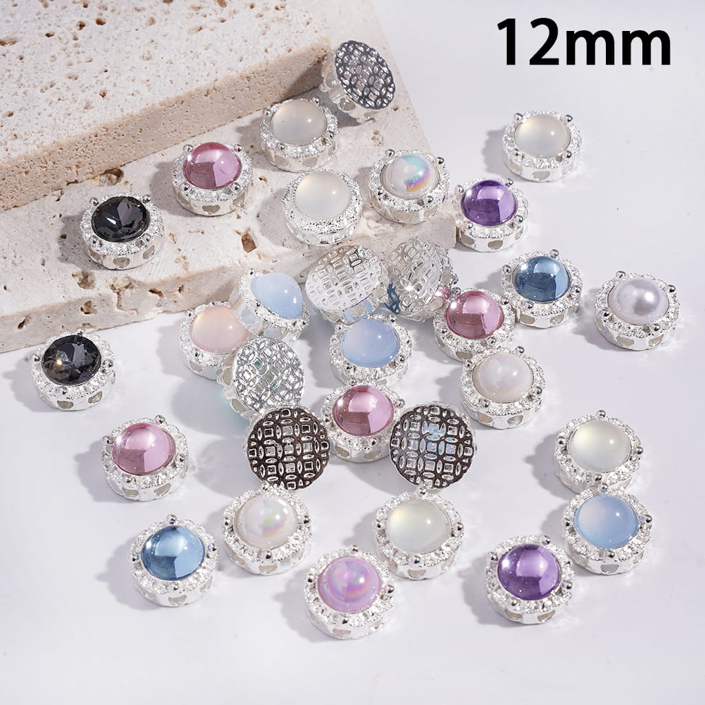 Silver Color Metal Beads w Half Round Rhinestone, Hollowed Knitted Texture on Back, 12MM, Random Mix (It's a little hard to stick into the pen pole)