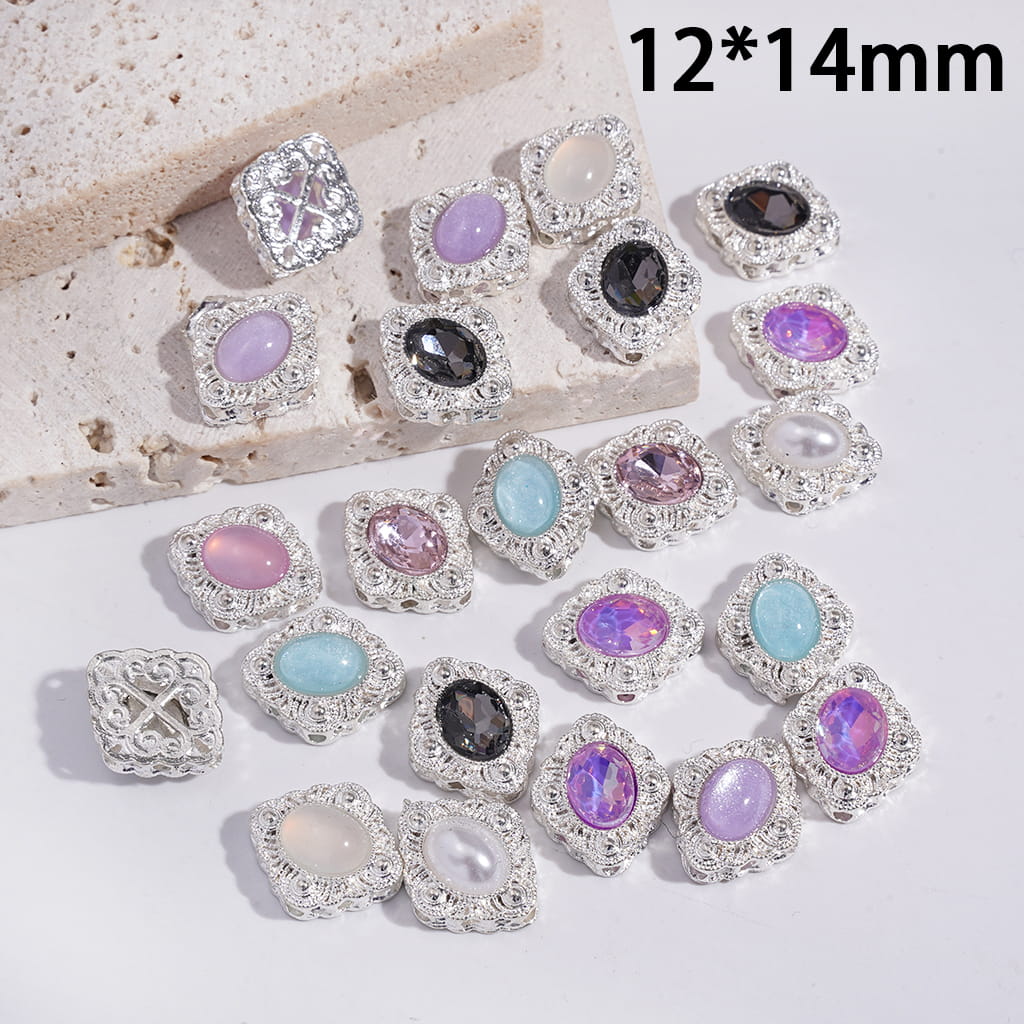 Alloy Rhomb Beads w Oval Rhinestone, Hollowed Cloud Texture on Back, 12*14MM, Random Mix (Can't Used for Pen)