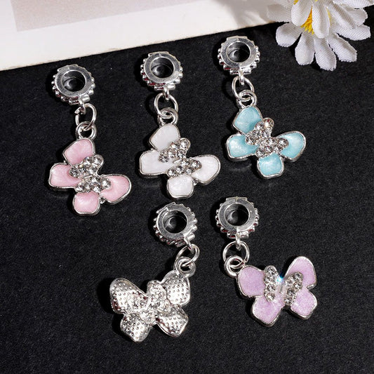 Silver Alloy Bail Loop Beads with Charm Pendants Double Butterfly and Shiny Rhinestone, Jewelry Accessories, Multi-Color Random Mix