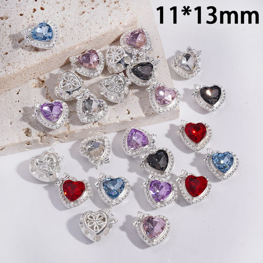 Alloy Heart Beads with Bowtie and Heart Rhinestone, Hollowed Five Petaled Flower on Back, 11*13MM, Random Mix