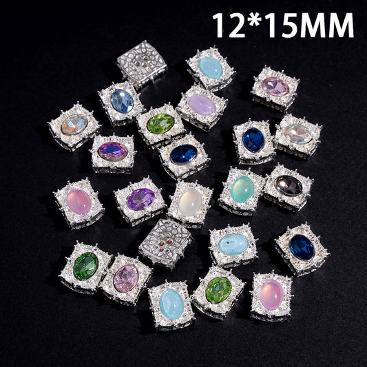 Alloy Square Beads w Silver Edge and Oval Rhinestone, Hollowed Lace Texture on Back, 12*15MM, Random Mix (Can't Used for Pen)
