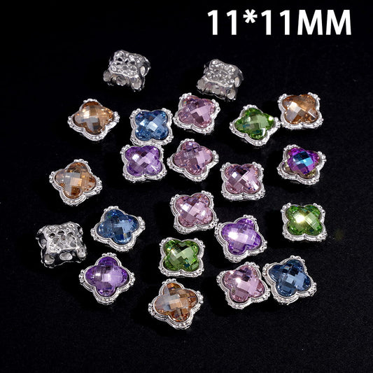 Silver Color Metal Four Leaf Glover Beads with Rhinestone, Hollowed Leaf Veins on Back, 11*11MM, Random Mix
