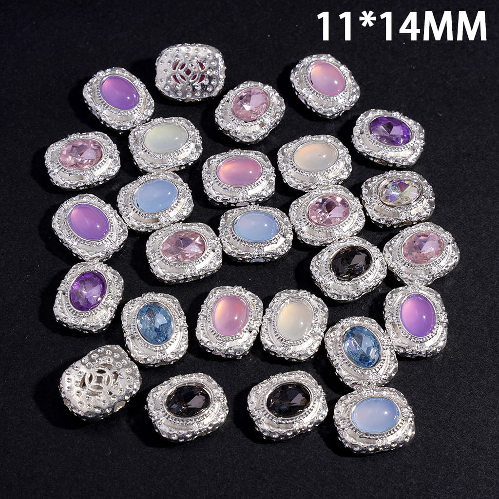 Alloy Rectangle Beads w Silver Edge and Oval Rhinestone, Hollowed Copper Cash Texture & Dotted Inlay Pattern on Back, 11*14MM, Random Mix  (Can't Used for Pen)