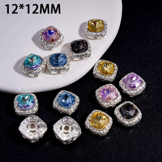 Alloy Rounded Square Beads w Rhinestone, Hollowed Chrysanthemum Flower on Back, 12*12MM, Random Mix (Can't Used for Pen)