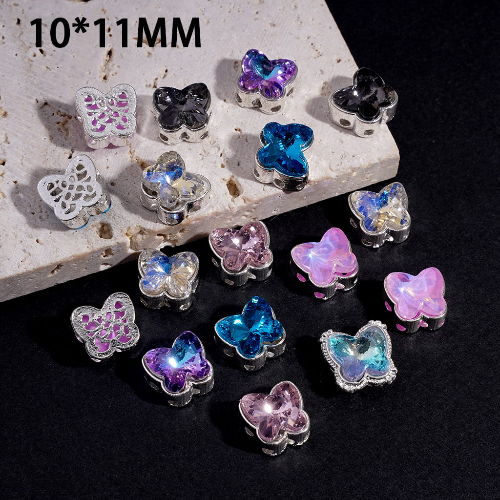 Silver Color Metal Beads with Butterfly-Shaped Rhinestone, Hollowed Lace Texture on Back, 10*11MM, Random Mix