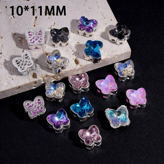 Silver Color Metal Beads with Butterfly-Shaped Rhinestone, Hollowed Lace Texture on Back, 10*11MM, Random Mix