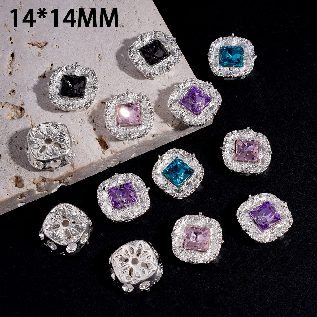 Alloy Rounded Squrae Beads w Silver Edge and Rhinestone, Hollowed Mantra Flower Pattern on Back, 14*14MM, Random Mix (Can't Used for Pen)