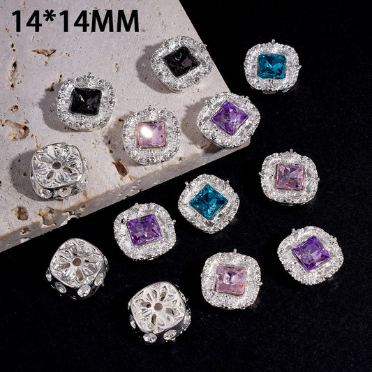 Alloy Rounded Squrae Beads w Silver Edge and Rhinestone, Hollowed Mantra Flower Pattern on Back, 14*14MM, Random Mix (Can't Used for Pen)
