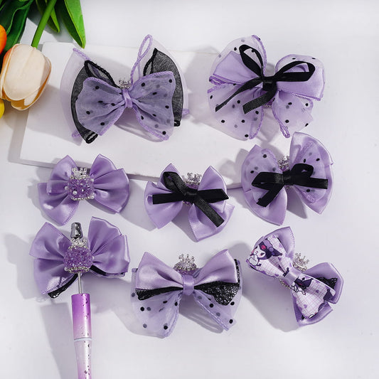 Sugar Beads with Silver Alloy Crown and Shiny Rhinestones White Pearls, Fabric Lace Bowknot, Purple Black Series, Random Mix