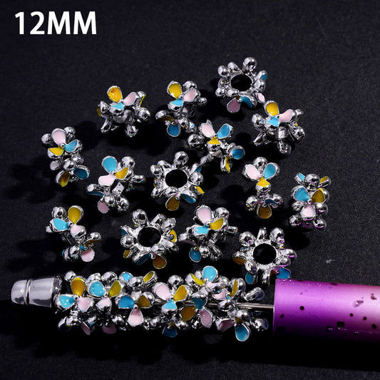 Silver Alloy Beads with Three Color Flowers, Big Hole Beads, 12MM (The Hole Diameter is Around 4MM)