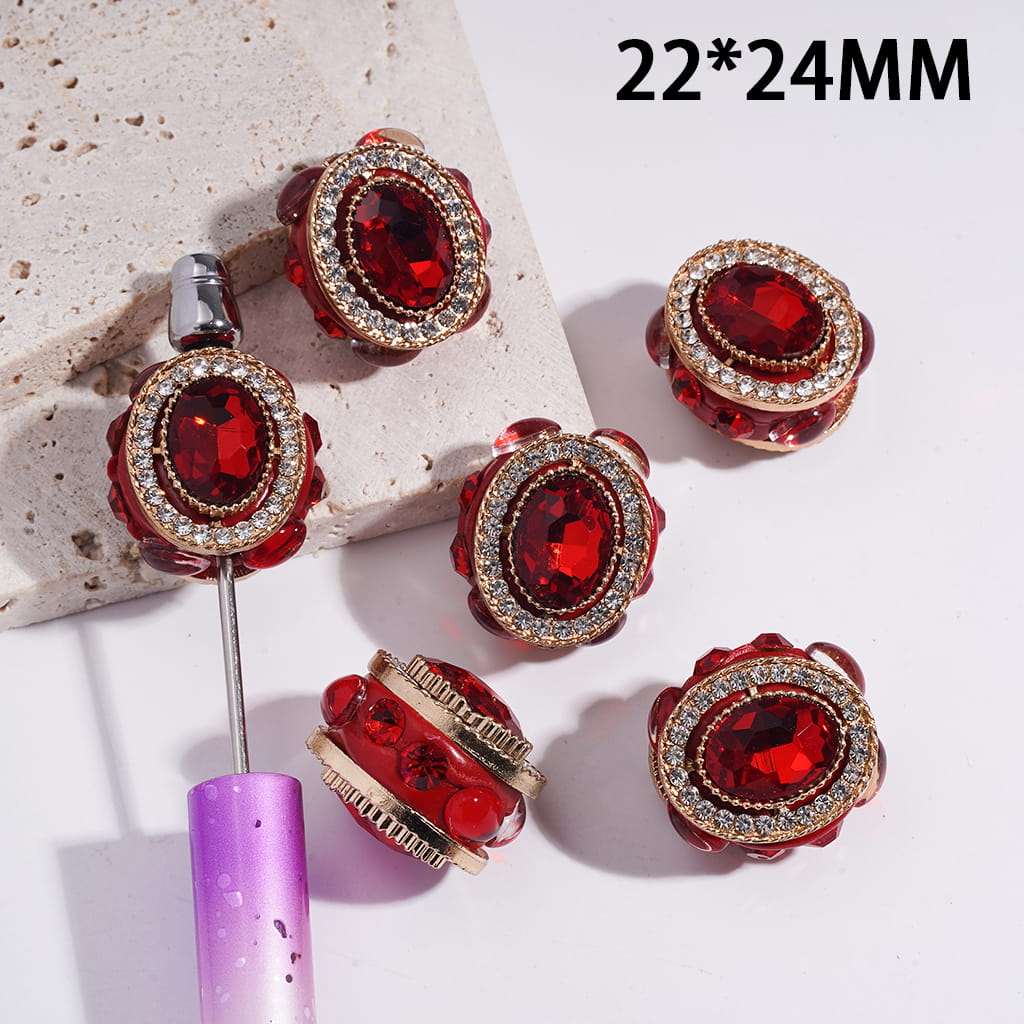 Clay Beads with Gold Oval Alloy w Mini Clear Rhinestones and Red Oval Rhinestone, 22*24MM