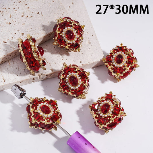 Clay Beads with Gold Alloy Square Scroll Frame w Red Square Oval Rhinestones and White Pearls, 27*30MM