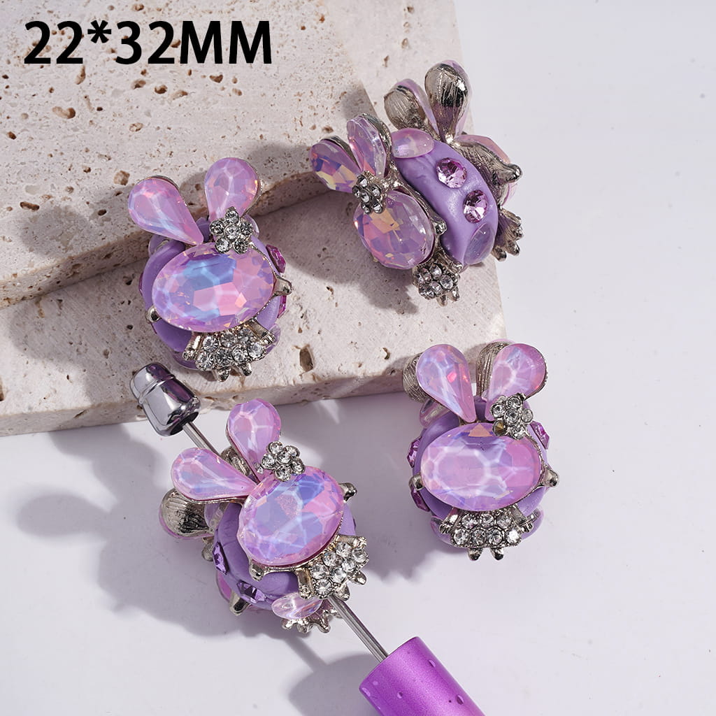 Clay Beads with Silver Alloy Bunny w Pink-Purple and Clear Rhinestones, 22*32MM