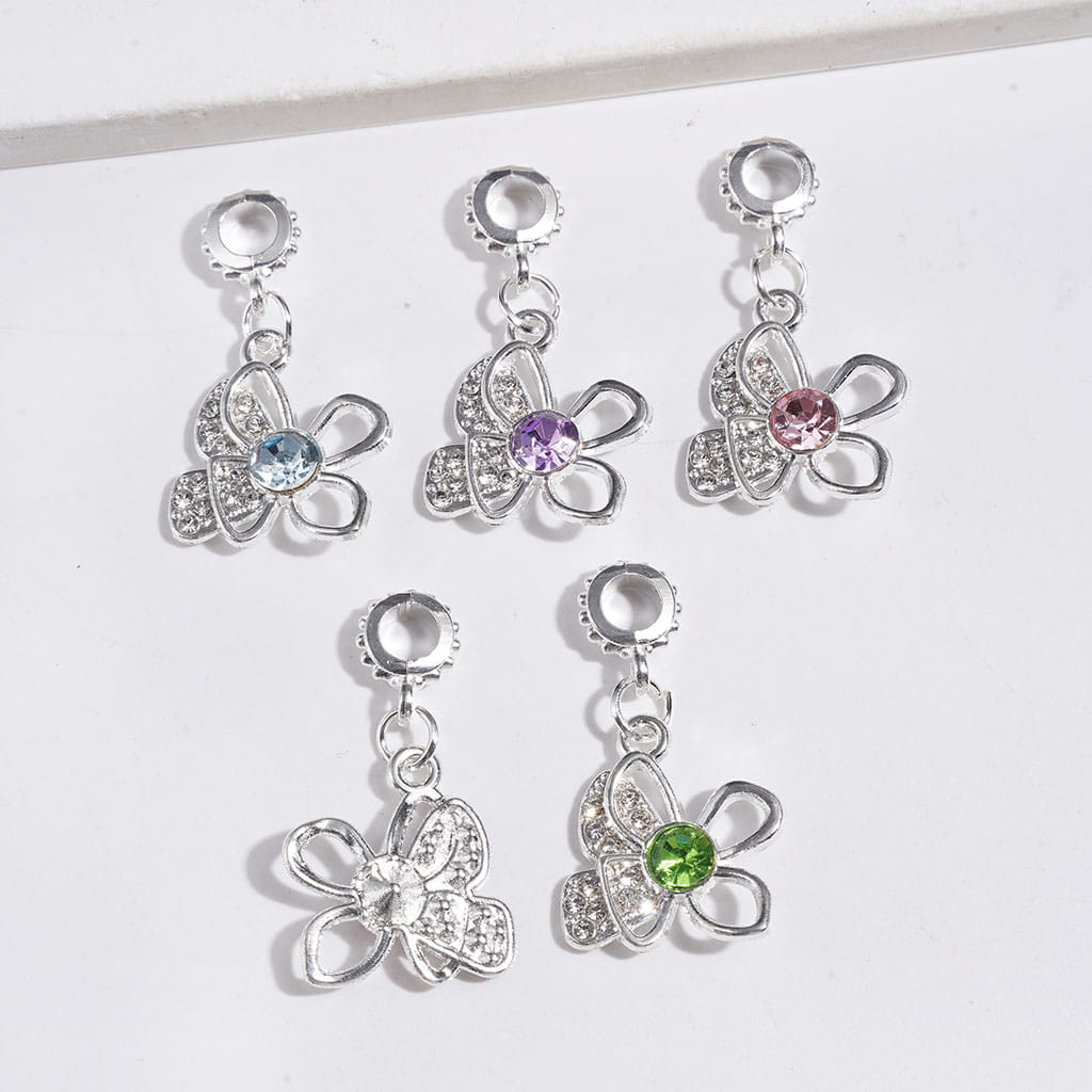 Silver Alloy Bail Loop Beads with Charm Pendants Hollowed Flower with Butterfly and Rhinestones, Jewelry Accessories, Multi-Color, Random Mix