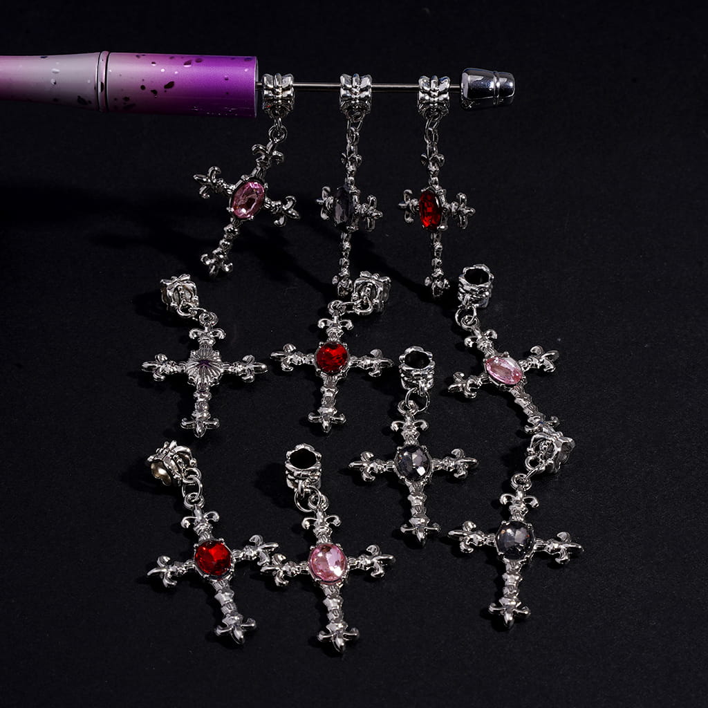 Silver Alloy Beads with Charms Religious Cross and Rhinestones, Random Mix