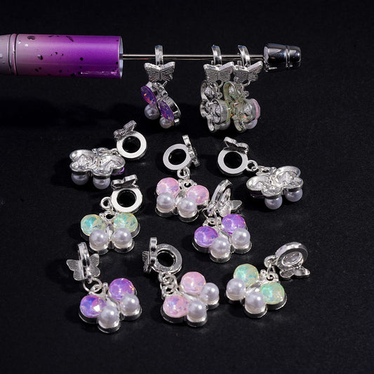 Silver Metal Beads with Butterfly, Charm Pendant Butterfly with Rhinestones and White Pearls, Random Mix