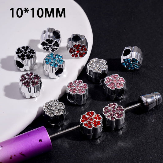 Silver Alloy Beads Heart Shaped Five-Petaled Flower with Rhinestones, Big Hole Beads, 10*10MM, Random Mix (The Hole Diameter is Around 4MM)