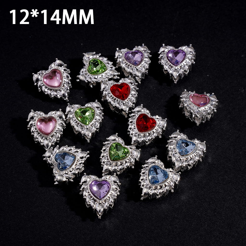Alloy Heart Beads with Shiny Rhinestones and Silver Pointed Wings Edge, 12*14MM, Random Mix (They Don't Fit the Pen)