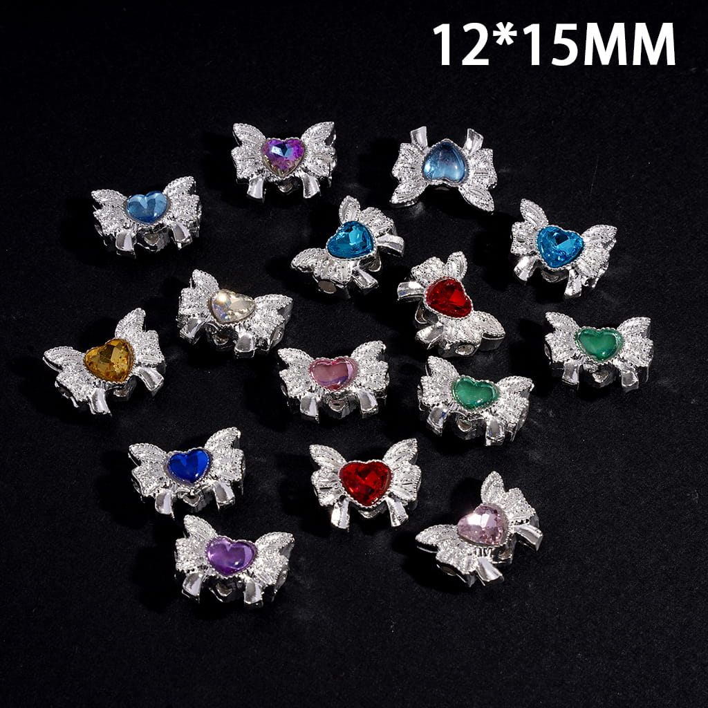 Silver Metal Heart Beads with Bowknot Wings and Rhinestones, 12*15MM, Random Mix (They Don't Fit the Pen)