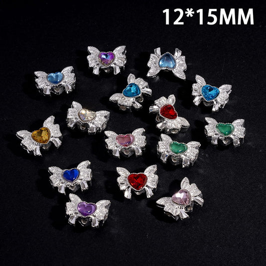 Silver Metal Heart Beads with Bowknot Wings and Rhinestones, 12*15MM, Random Mix (They Don't Fit the Pen)