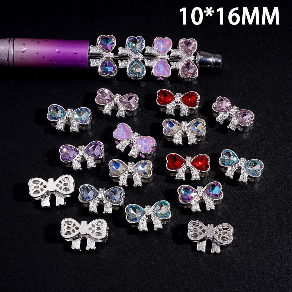 Silver Metal Bowtie Beads with Two Heart Rhinestones, Hollowed Mushroom Dots on Back, 10*16MM, Random Mix