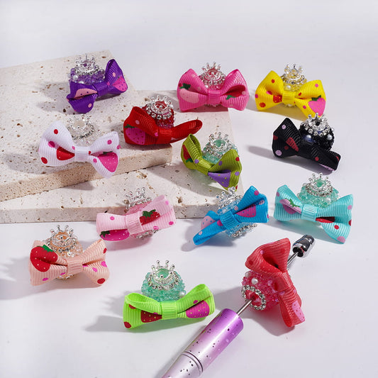 Sugar Acrylic Beads with Silver Alloy Crown and Rhinestones, Fabric Strawberry Bowtie and White Pearl, Random Mix