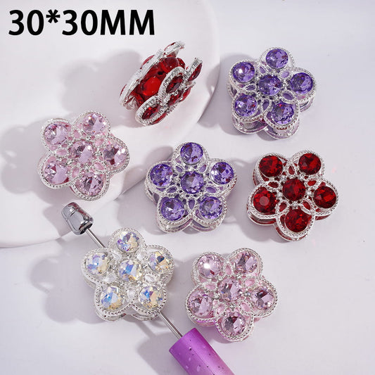 Clay Beads with Silver Metal Five-Petaled Flower Frame and Shiny Rhinestones, 30*30MM, Multi-Color, Random Mix