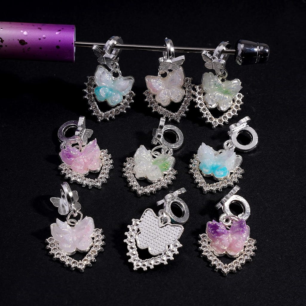 Alloy Bail Beads with Butterfly, Charm Pendants Heart Frame with Clear Rhinestones and Butterfly, Random Mix
