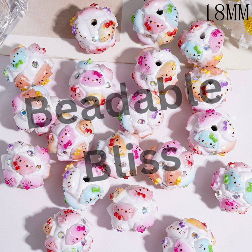 Clay Beads Dumpling Shape Cute Cat Character with Bowtie and AB Rhinestones, 18MM Multi-Color