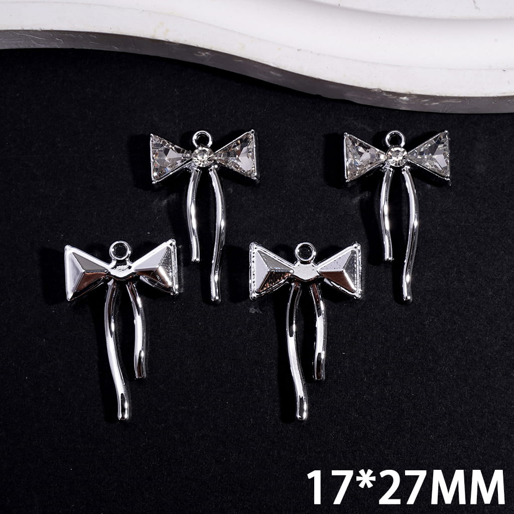 Silver Alloy Charm Pendants Bowknot with Clear Rhinestones, 17*27MM
