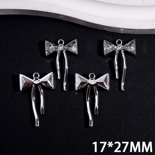 Silver Alloy Charm Pendants Bowknot with Clear Rhinestones, 17*27MM