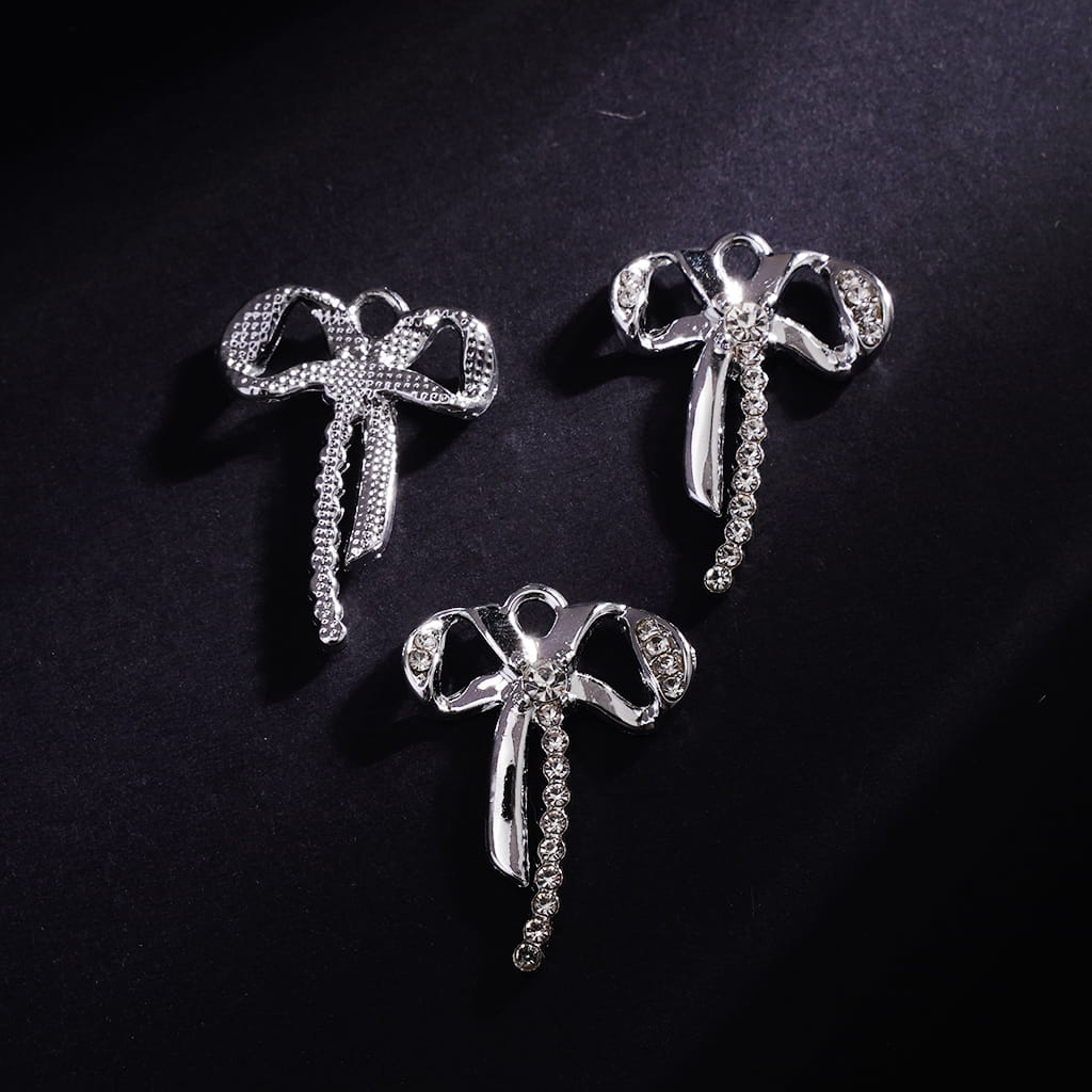 DIY Silver Alloy Charm Pendants Bowtie Bowknot with Clear Rhinestones, Jewelry Accessories