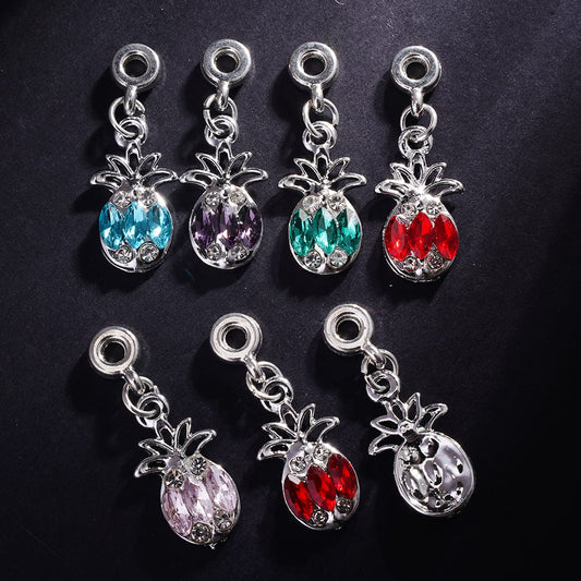 Silver Metal Bail Ring Beads with Charm Pendants Pineapple in Round & Marquise Cut Rhinestones, Jewelry Accessories, Random Mix