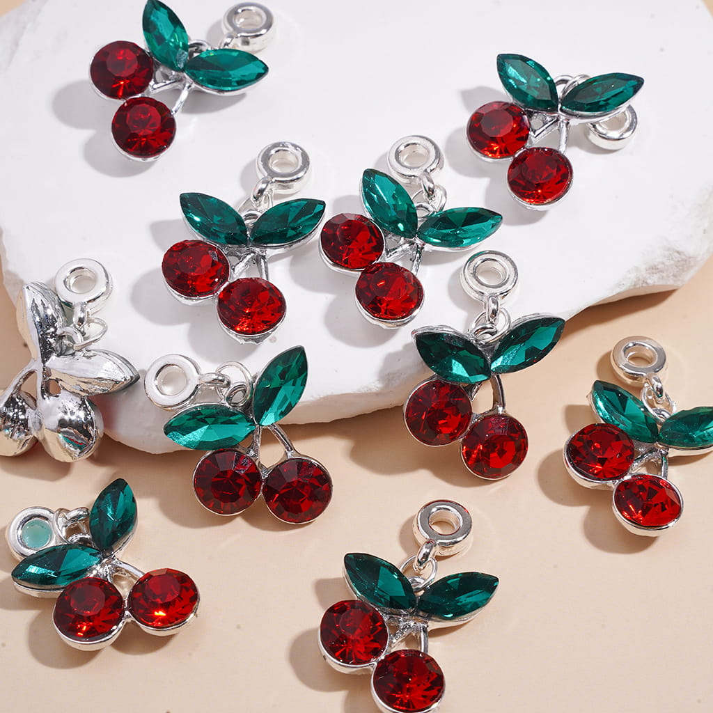 Silver Alloy Bail Loop Beads, Charm Pendants Cherry  with Red Green Rhinestones, Jewelry Accessories