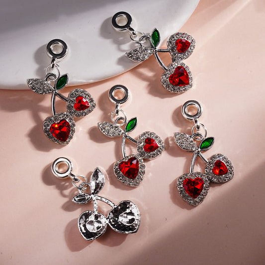 Alloy Bail Loop Beads, Charm Pendants Heart Shaped Cherry with Red Clear Rhinestones